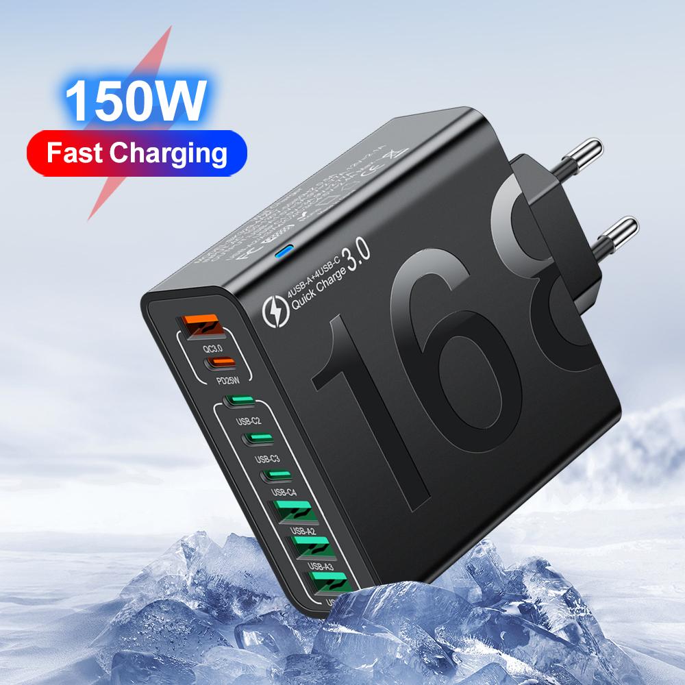 Total 150W Type C Quick Charge 3.0 Fast Charging Mobile Phone Adapter EU/US/KR Plug For Xiaomi iPhone15 13 Samsung