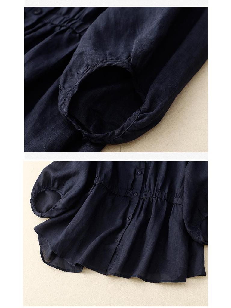 Женский топ из хлопка и льна с V-образным вырезом и приталенным силуэтом на весну/лето 2025 года - Свободный, стройнящий, универсальный, рубашка с рукавом пять четвертей