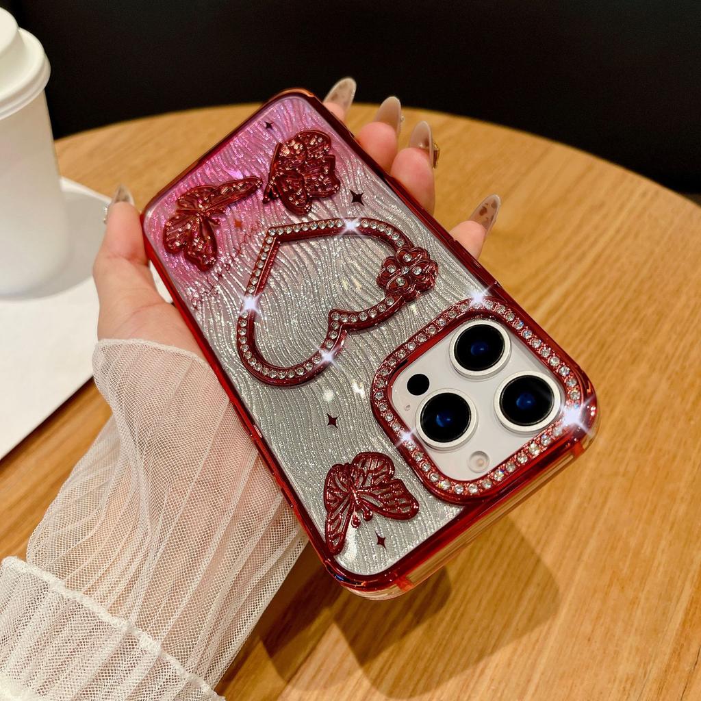 For IPhone 16 Promax Sparkling Diamond Phone Case for Apple 15 Love Butterfly 14 Gradient Sparkling Pink Soft Case