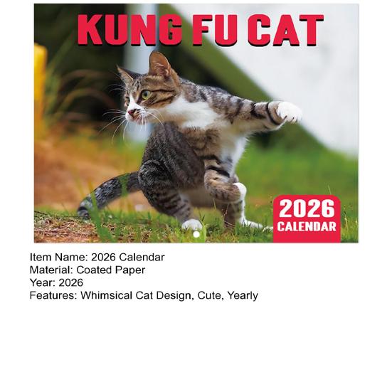 Календарь 2026 Январь 2026 - Декабрь 2026 12-месячный планер Настенный календарь «Кот Кунг-фу» для декора дома, офиса, общежития