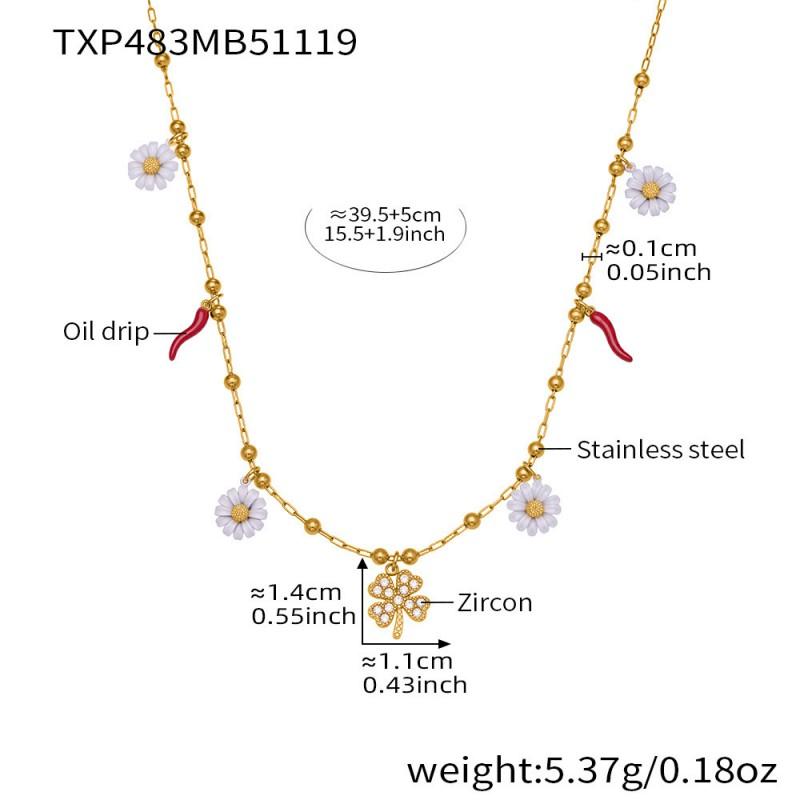 Stainless Steel Lucky Clover Daisy Pendant Necklace Bracelet Set Women Gold Mixed Color Fashion Jewelry