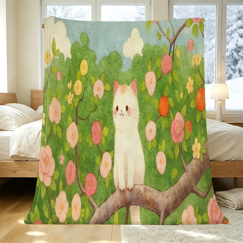 Soft Flannel Fleece Blanket - High-Density Plush, Cute Cat Pattern, Warm Cozy Throw for Home Decoration, Halloween & Christmas
