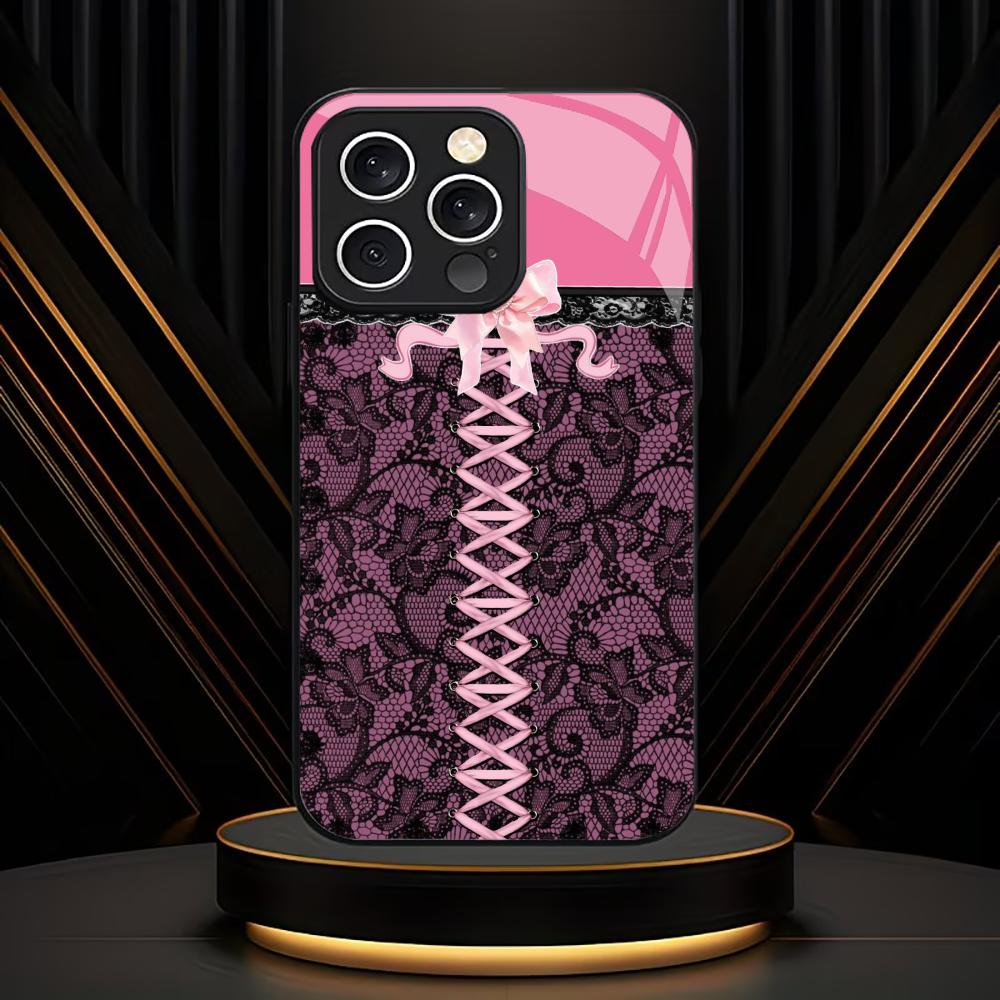 rendy Pink Corset Lace phone case mobile phones for iphone 17 pro max cover Glass for iPhone 17 16 15 14 13 12 11pm Pro Plus