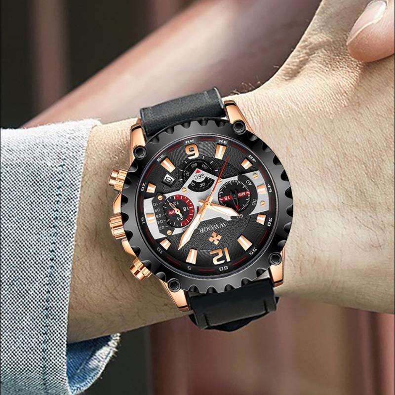 WWOOR Мужские часы с кожаным ремешком, повседневные деловые мужские часы, водонепроницаемые модные кварцевые мужские часы