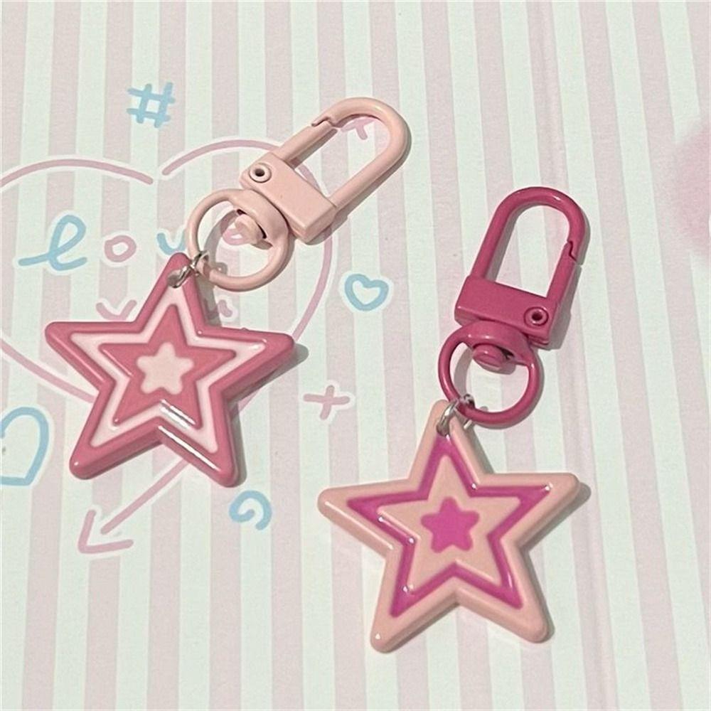 Girls Punk Five-Pointed Star Pendant Rose Red Pink Star Keyring Y2k Star Key Chains Bag Pendant