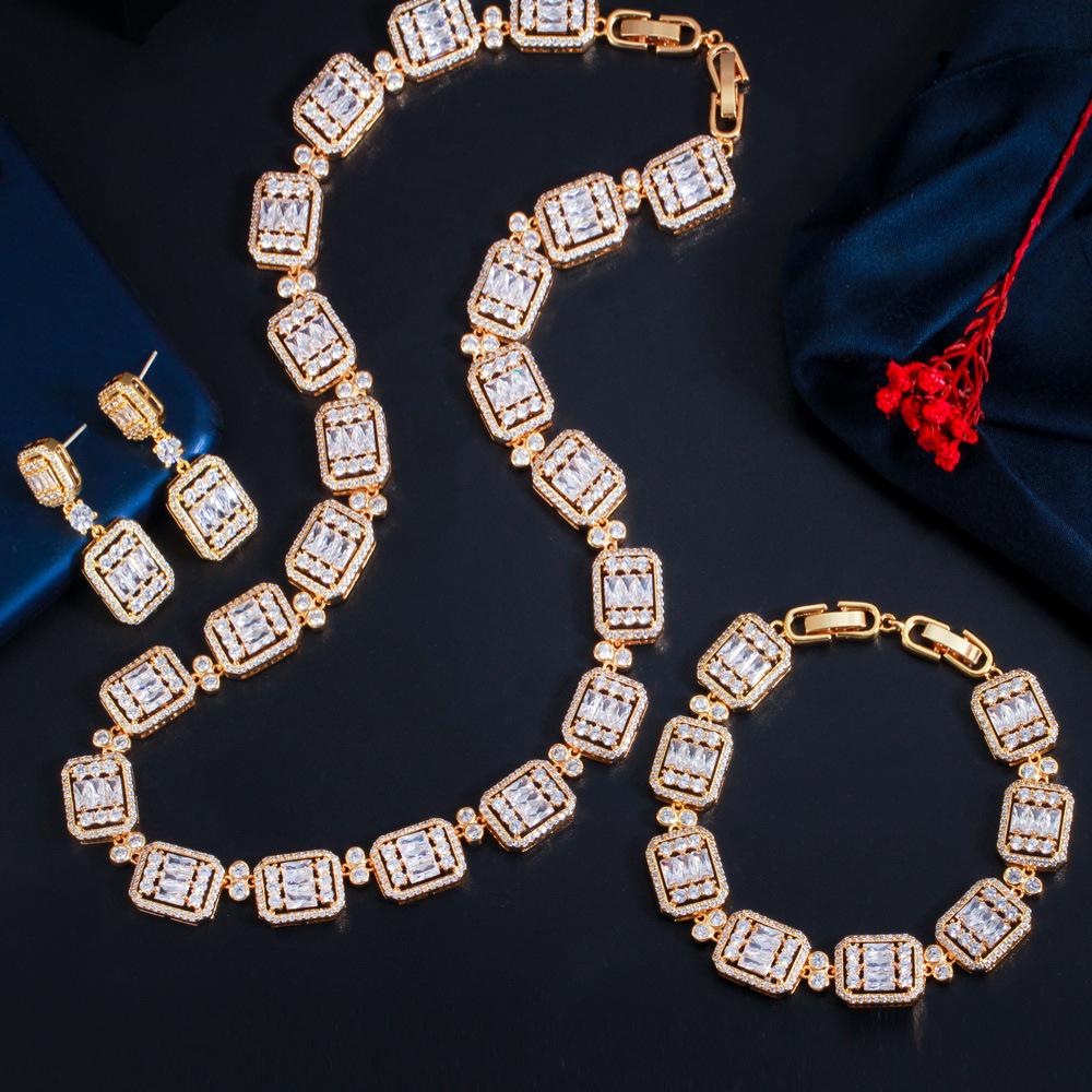 Медный Набор Серьги Браслет Ожерелье Ювелирные Изделия Свадьба Званый Ужин Циркониевый Набор Цепочка