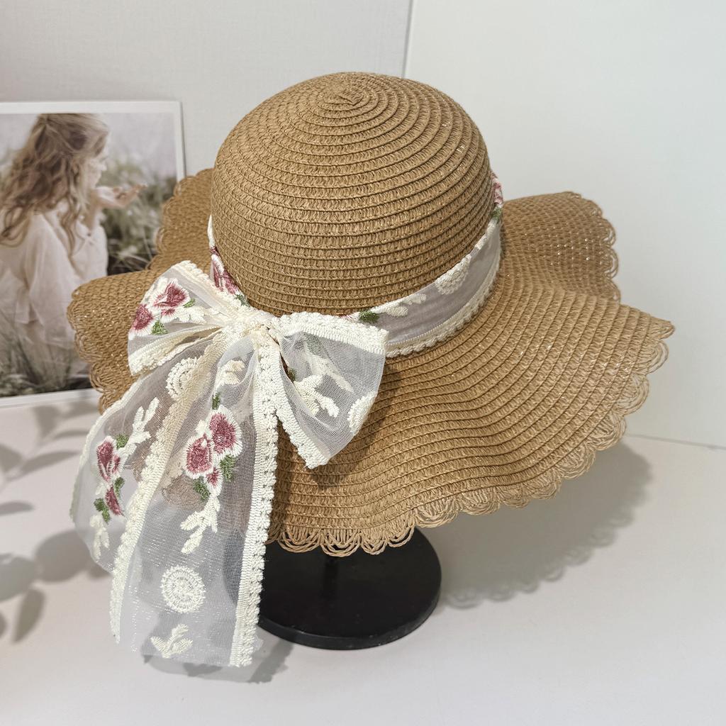 Летняя новая соломенная шляпа с широкими полями и вышивкой в виде банта, женская пляжная шляпа, закрывающая лицо от солнца, солнцезащитная шляпа, соломенная шляпа от солнца