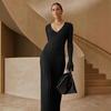Thickened V-Neck Slimming Rib Knit Long Dress for Women - Autumn/Winter Collection