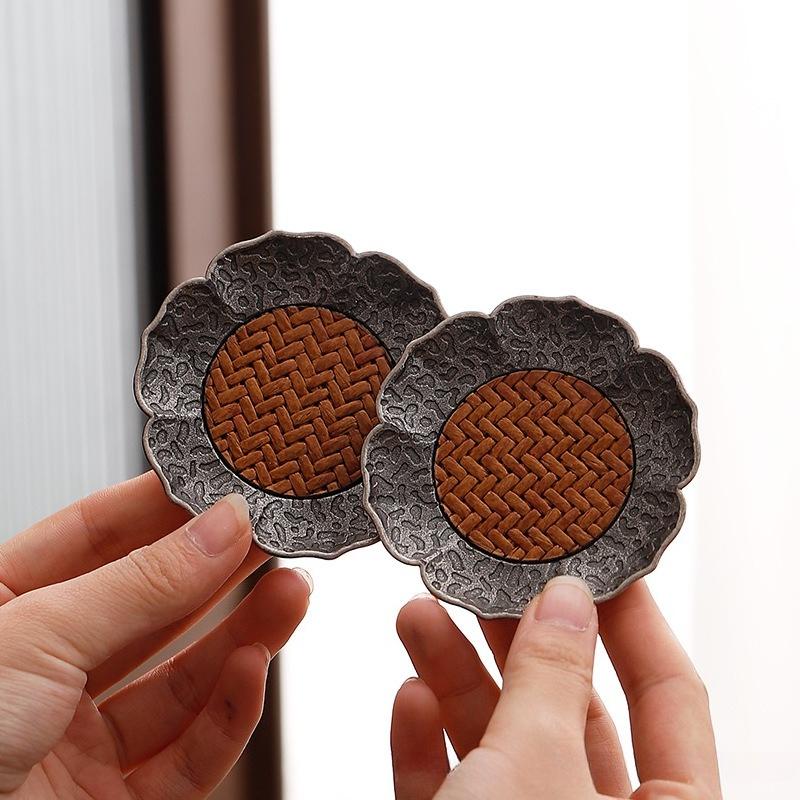 Антикварная подставка для чайной чашки из серебряного сплава, бамбуковая циновка, термоизолированная чайная чашка, подставка для чашки, чайное блюдце, аксессуары для чайного набора кунг-фу