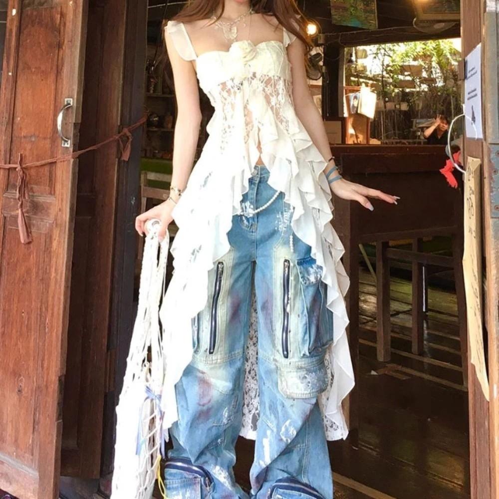 Прозрачная кружевная майка с кисточками в виде цветов, топ без рукавов с оборками, женское сетчатое платье с лентами для вечеринки