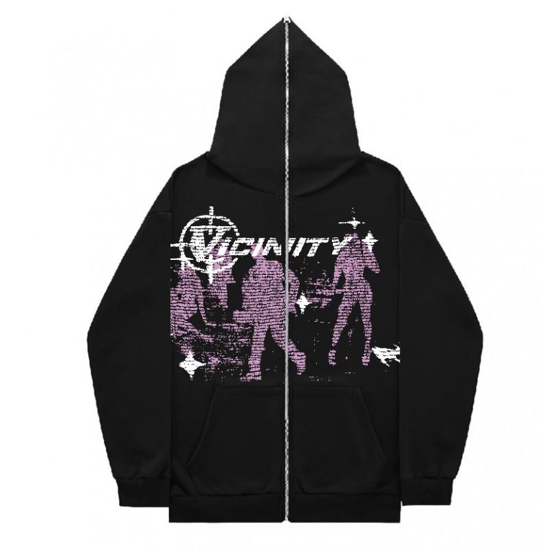 Oversized Hooded Zip-Up Sweatshirt With Vintage Graphic Print Streetwear Unisex Casual Pullover
