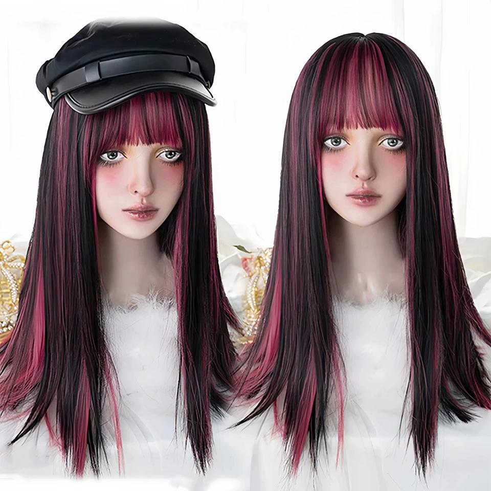 OLACARE синтетический длинный прямой парик Лолита с челкой парик для девочек милый омбре голубой блонд черный парик для косплея вечеринки Хэллоуина Харадзюку