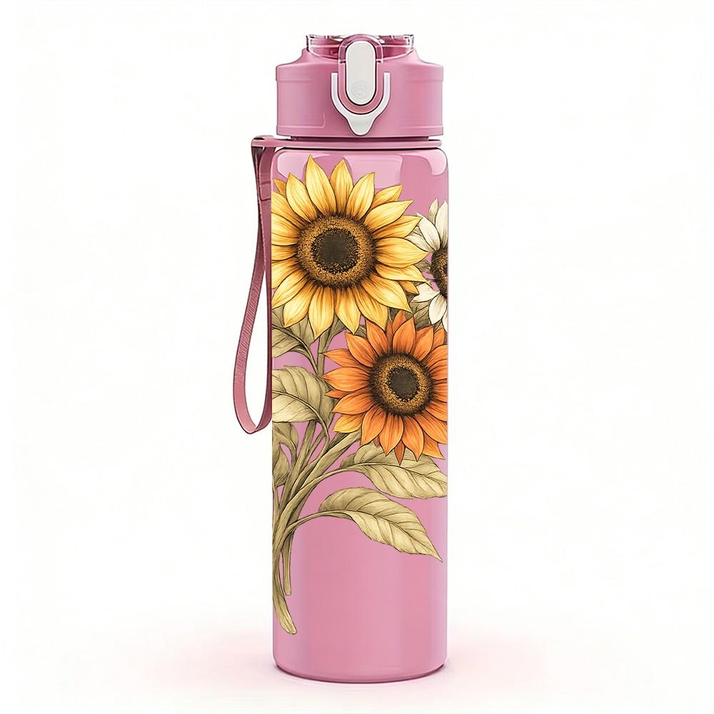 1PC Single Sunflower Watercolor Flower Print 750ml Color Plastic Sports Water Bottle Leakproof Flip Straw Lid Suitable for Sports Office Home Use