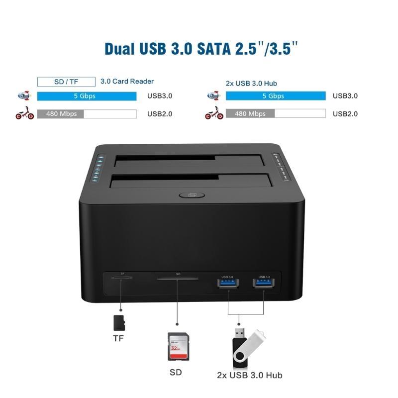 Двухслотовая док-станция Sata3.0 на USB3.0 для жестких дисков 2,5 и 3,5 дюйма с функцией автономного клонирования и кард-ридером