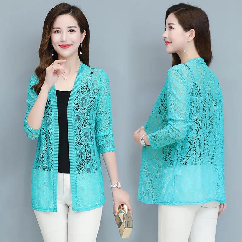 XL-5XL Spring and Summer Plus Size Women's Tops Mid-length Lace Cardigan Thin Coat Casual Long-sleeved Sun Protection Clothing