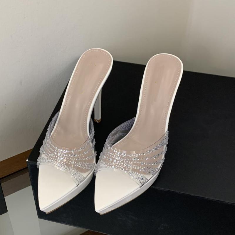 Summer Fashionable Pointed-toe Platform Slides Versatile Rhinestone Sandals With Transparent Straps