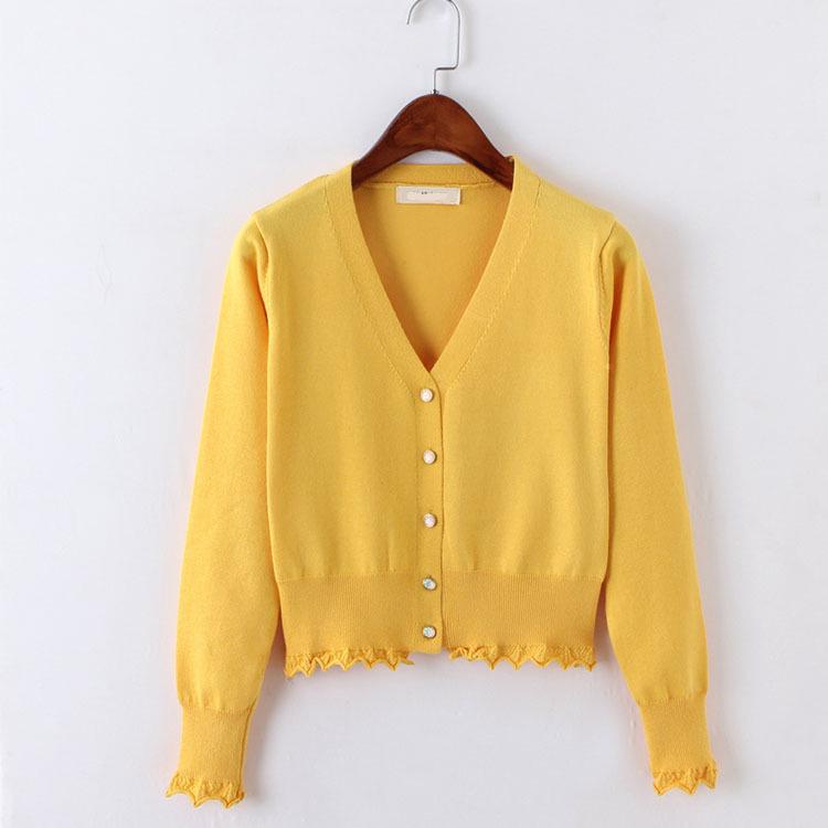 Женский трикотажный кардиган в корейском стиле с завышенной талией — длинный рукав, кружевная отделка, короткая длина.