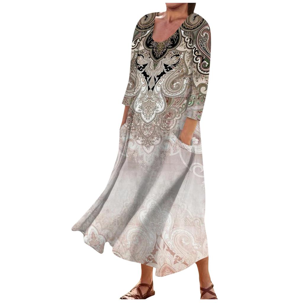 Женское модное повседневное свободное карманное платье с круглым вырезом и рукавами 3/4