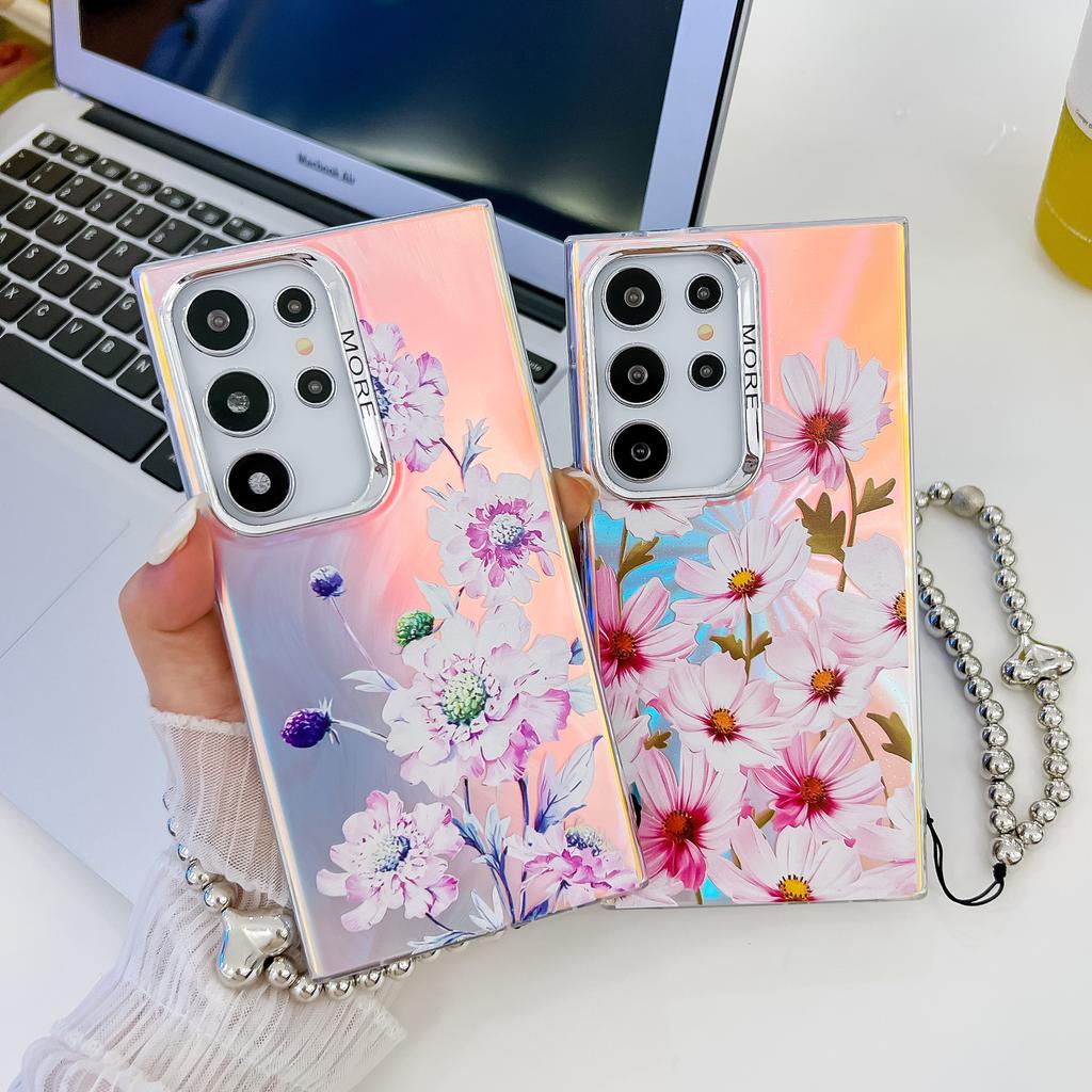 Цветы Подходящие для чехла для мобильного телефона Samsung S25ultra S24Plus Гальванизированный Лазерный A56 с Жемчужным Браслетом Защитный Чехол
