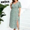 Women's Fashion Summer Spring Solid Floral Print Short Sleeve V-Neck High Waist Casual Dresses Plus Size