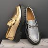 Fashion Luxury Gold Silver Bright Leather Casual Slip On Non-slip Metal Buckle Decoration Men Trendy Celebrity Hairstylist Loafer Shoes