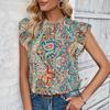 Fashion Vintage Printed Ruffled Casual Shirt Women Summer Bohemian Round Neck Short Sleeve Blouse Women Tops Elegant Loose Office Ladies Shirts 24480