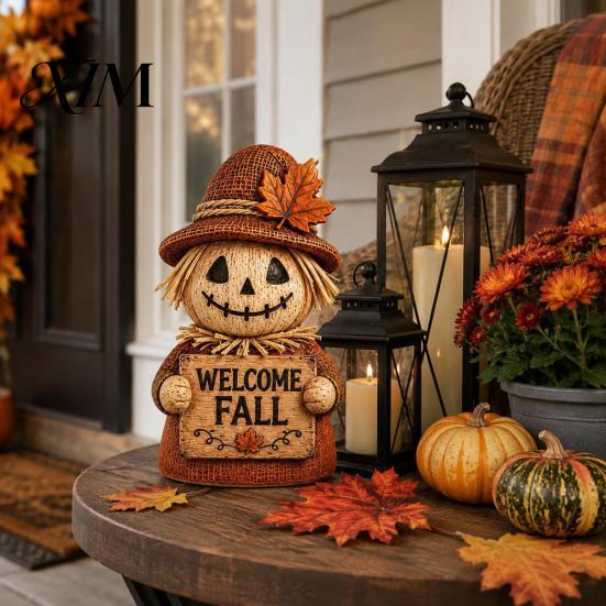 Fall Farmhouse Table Centerpieces 3 Pcs Wooden Scarecrow Figurines, Rustic Statue with Maple Decorative Straw Figures for Home Leaf, Sunflower, Autumn