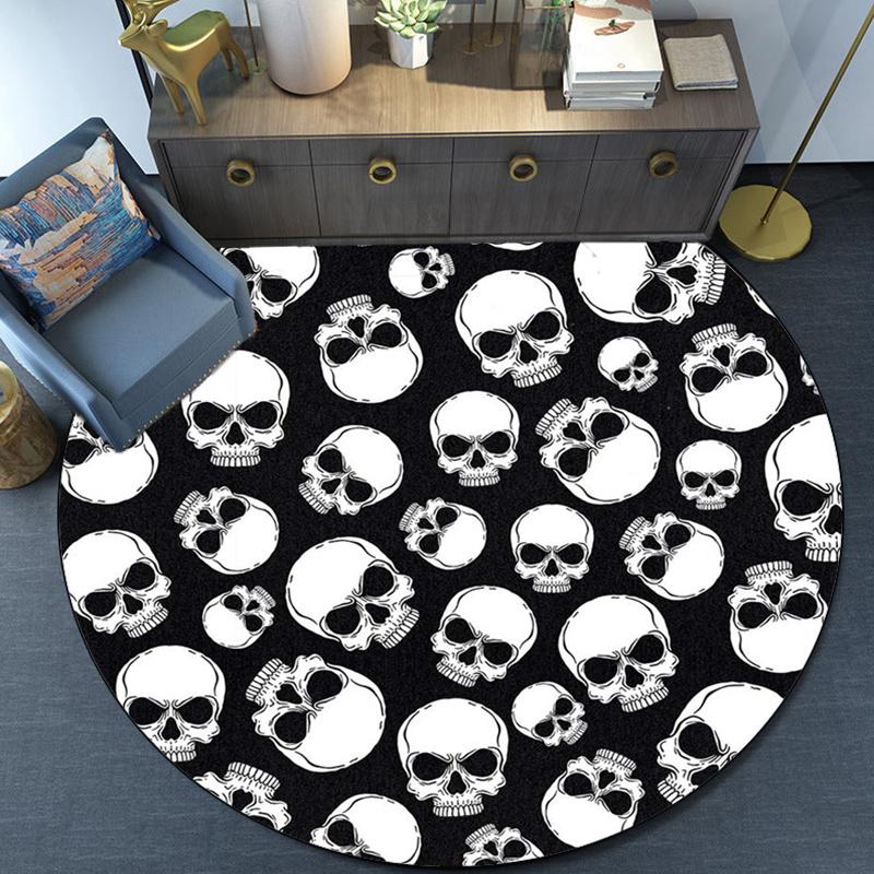 Skull Pattern Black White Round Rug Gothic Punk Style Halloween Decor Horror Theme Floor Mat Modern Home Accent crystal fleece