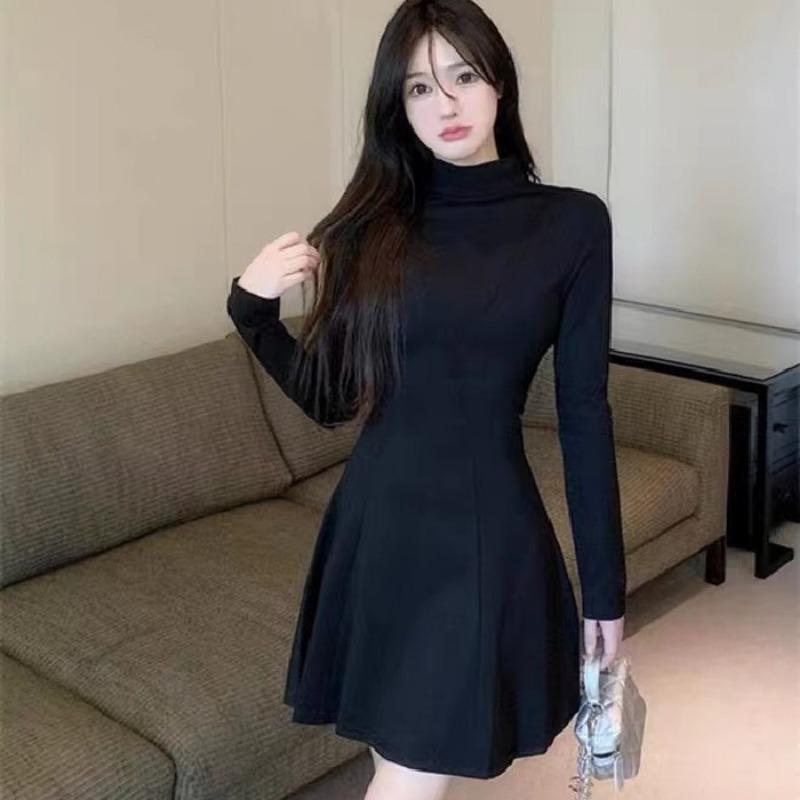 Осень Зима Высокий Воротник Однотонный Элегантный Модный Мини-платье с Завышенной Талией Женщины Длинный Рукав Все-матч Нижнее Платье Vestidos