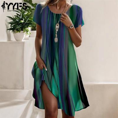 Женская мода лето весна горошек принт короткий рукав О-образный вырез свободная талия повседневные платья