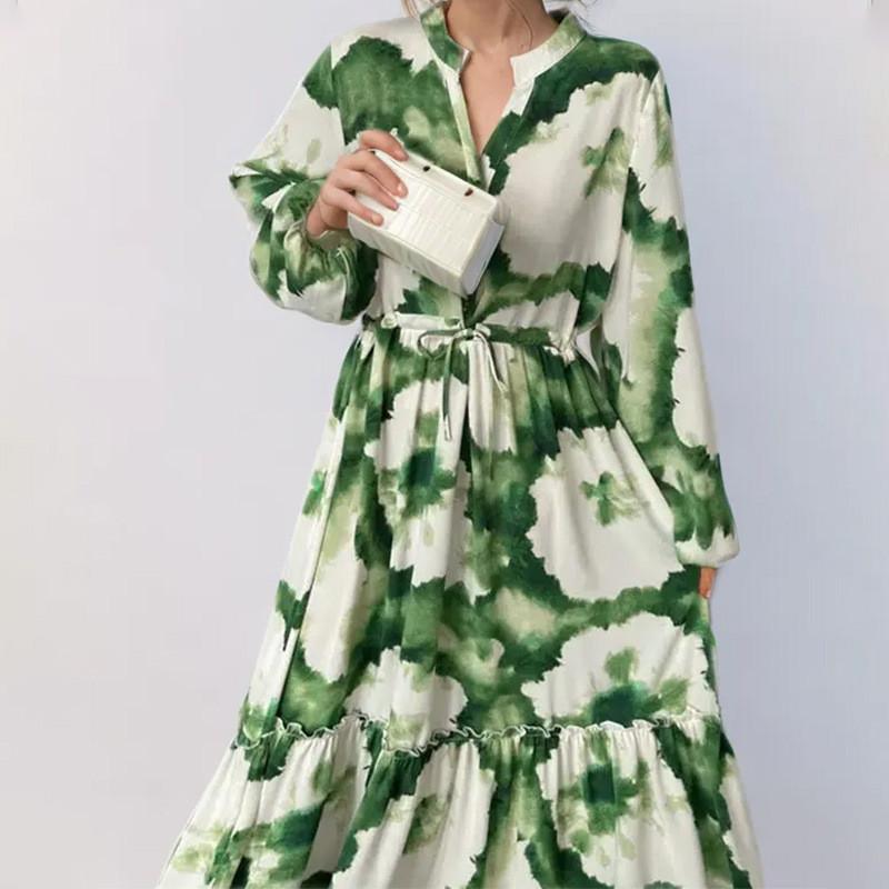 Floral Print Lantern Sleeve Dress With High Waist For Elegant Spring Casual Wear