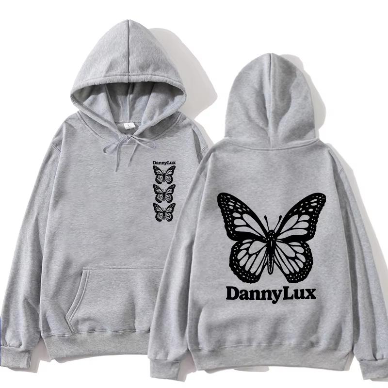 Butterfly‑line Men Hoodie Front Small Vertical Butterfly Graphic, Back Large Butterfly Text Logo Pullover For Trendy Daily Casual Street Outfits