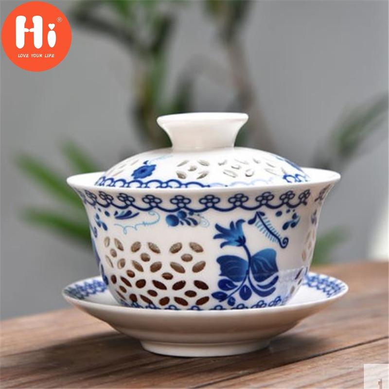 Фарфоровые полые чайные чашки синего и белого цвета, керамическая офисная чайная чаша Kung Fu Gaiwan с крышкой, 160 мл