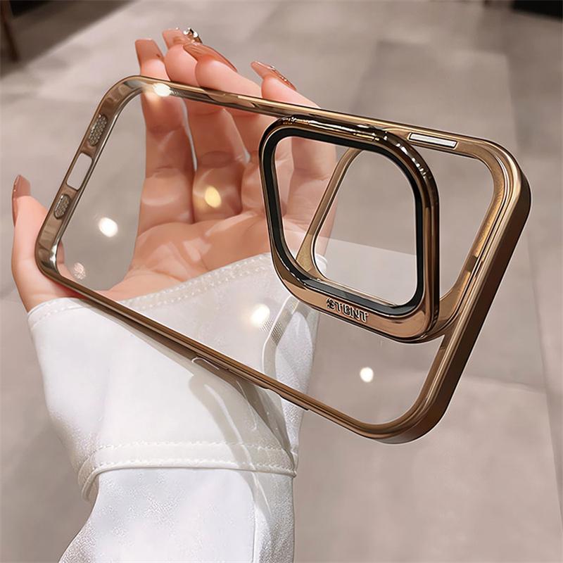 Fold Glass Lens Stand Holder Clear Case For iPhone 18 17 16 15 14 13 12 Pro Max Plus Plating Camera Protection Shockproof Cover