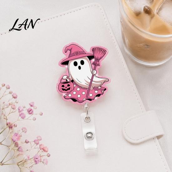 Lightweight Retractable Badge Holder Halloween Ghost Reel, Glitter Acrylic Clip, Cute Pink Smooth Cord Reel ID Name for Women Nurse Teacher