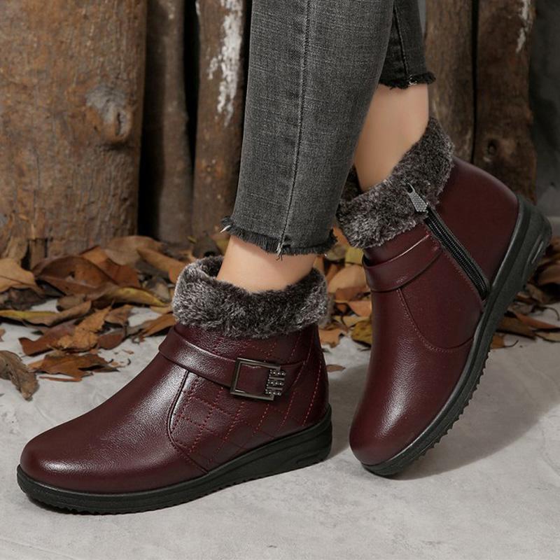 Fashion Retro Faux Pu Leather Snow Boots Women Winter 2025 Zipper Up Wedges Snow Boots Woman Anti Slip Furry Warm Booties Female