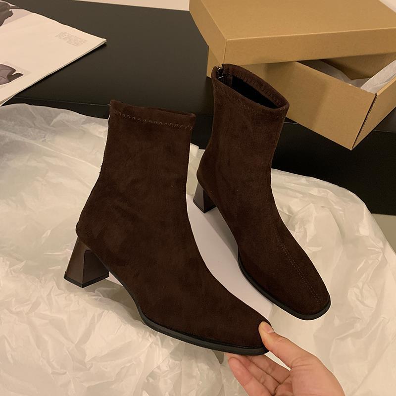 Новые туфли на высоком каблуке из тонкой замши, женские ботинки Martin, короткие ботильоны, бархатные ботильоны, осенне-зимняя квадратная головка, корейская мода