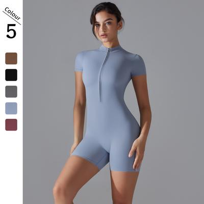 Комбинезон для йоги с коротким рукавом, высокоэластичные женские шорты, спортивный комбинезон, однотонный цельный комплект на молнии