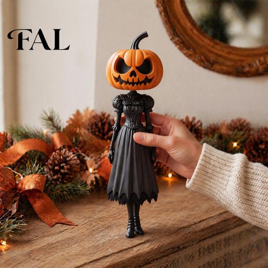 Miniature Figurine for Windows Halloween Pumpkin Lady Resin Figurine, Witch Girl Statue with Head, Fun Creative Festival Gifts Hand-Painted