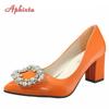 Fashion Aphixta New Orange Luxury Pearl Buckle Women's Pumps 7cm Square Heel PU Leather Officile Pointed Toe Shoes Super Big Size 49 50