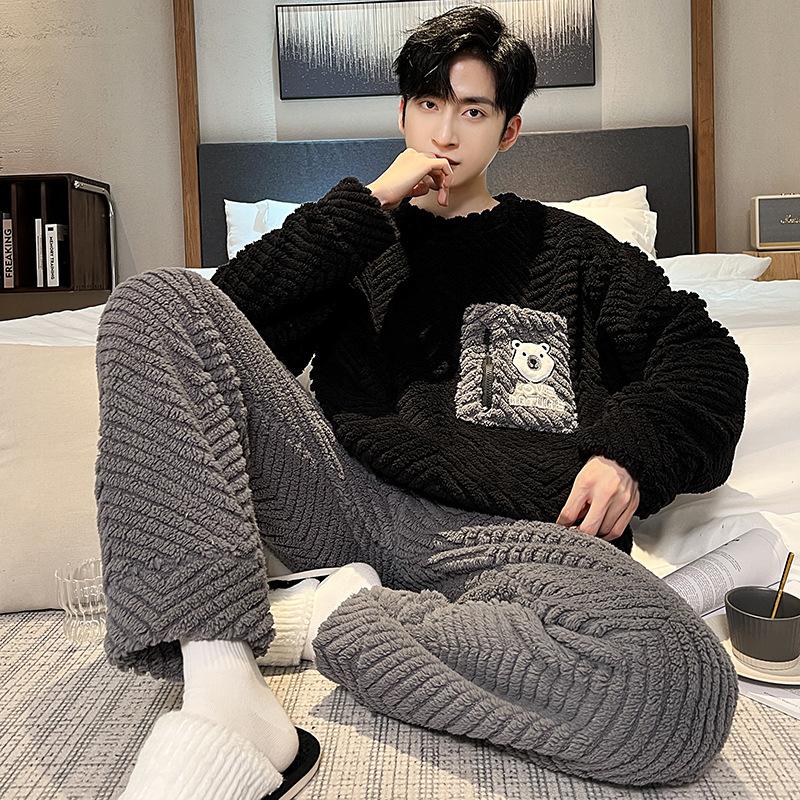 Мужская пижама из кораллового флиса, осень-зима, плюс утолщенный бархат, мужской зимний теплый фланелевый домашний служебный костюм