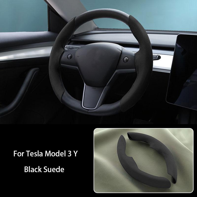 For Tesla Model 3 Model Y 2017-2023 Suede Steering Wheel Cover Carbon Fiber Nonslip Ferrule Interior Decoration