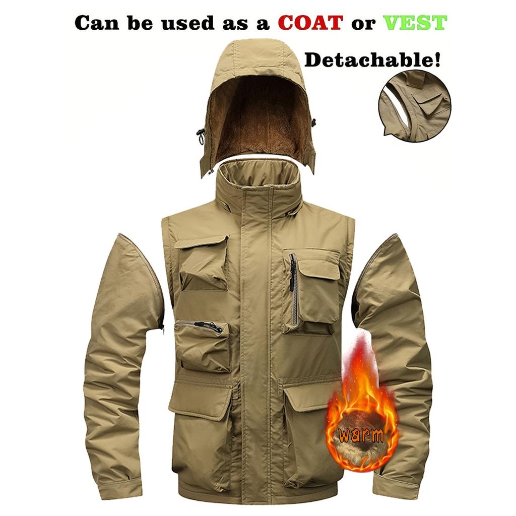Men's Solid Color Detachable Outdoor Workwear Casual Loose Zipper Pocket Plush Long Sleeve Jacket