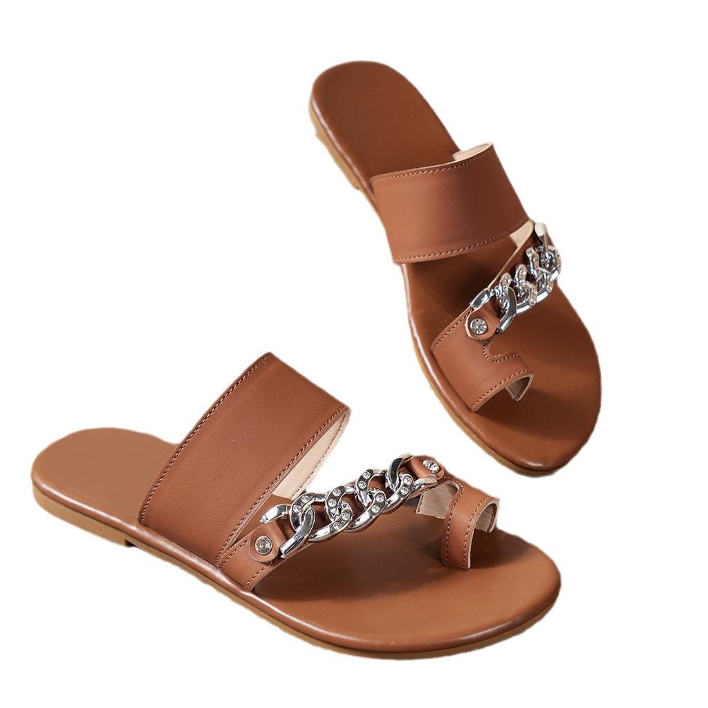 Large Size Flat Women's Sandals Summer New Popular Set Toe Line with Chain Decorative Beach Slippers 36-43