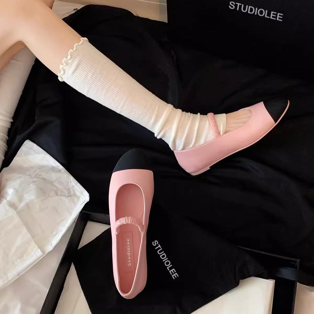 Cowhide Version of Grape Mother, the Same Color Matching Is Thin and Elastic, with Retro Leather Mary Jane Shoes Women's Flat Shoes