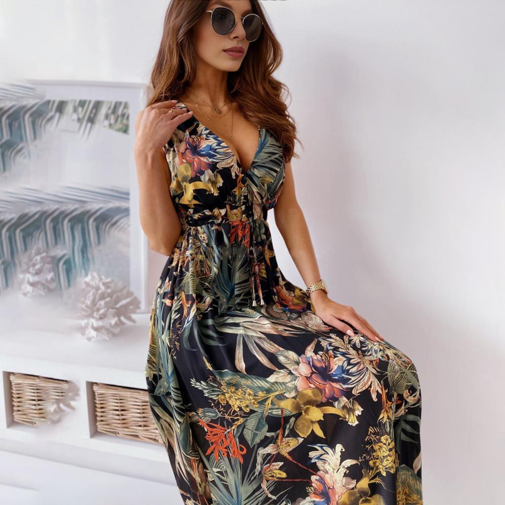 Yousheng Женское платье для отпуска Без рукавов V-образный вырез спинки Цветочный принт Высокая талия Завязка Пляжное платье Макси-платье в стиле бохо