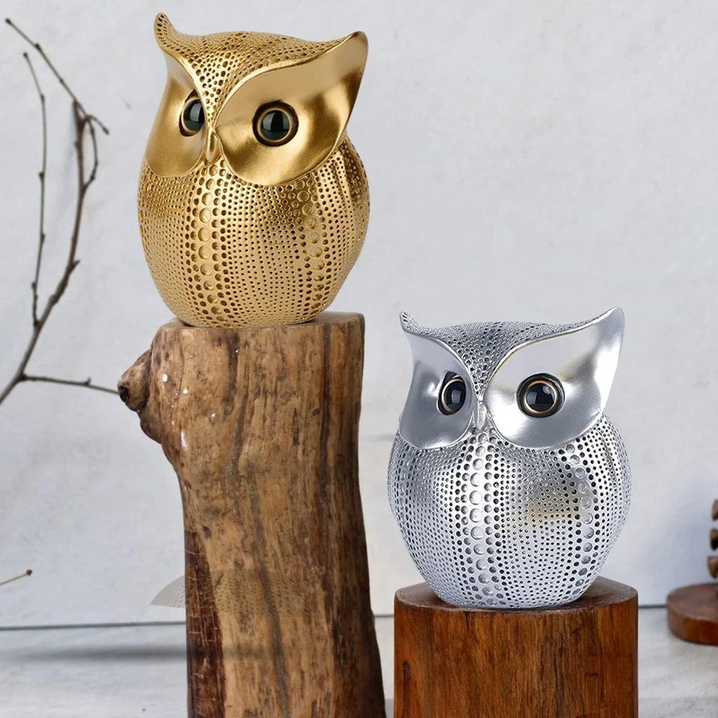 Modern Classy Lucky Owl Combo Resin Art Figure Showpiece (Pack of 2, Golden and Silver)