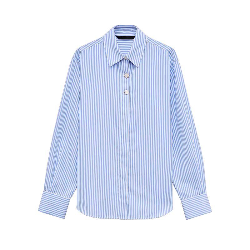 Spring New Women's Clothing Patchwork Button Decoration Stripes Poplin Easiest for Match Long Sleeves Lapel Shirt 2238832