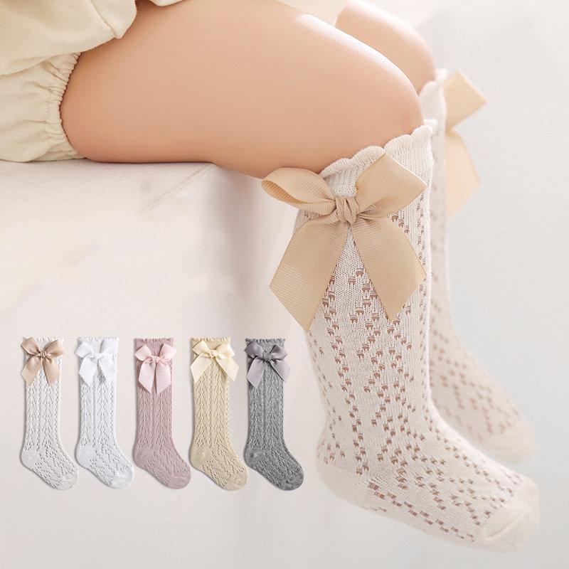 Cute Girls Knee High Socks Bows Cotton Breathable Soft Children Socks Hollow Out Non-slip Newborn Infant Long Mesh Socks 0-3Yrs