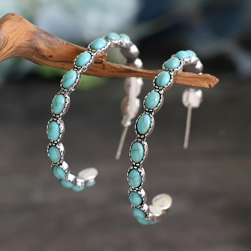 Huitan Minialist Oval Imitation Turquoise Hoop Earrings for Women Silver Color Vintage Party Daily Big Circle Bohemian JewelryGood product